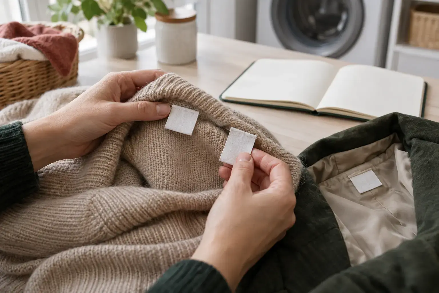Mains comparant deux étiquettes intérieures sur un vêtement en maille beige