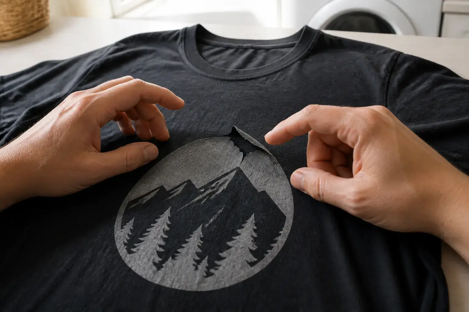 Mains examinant sans tirer le bord soulevé d’un transfert sur un tee-shirt posé à plat