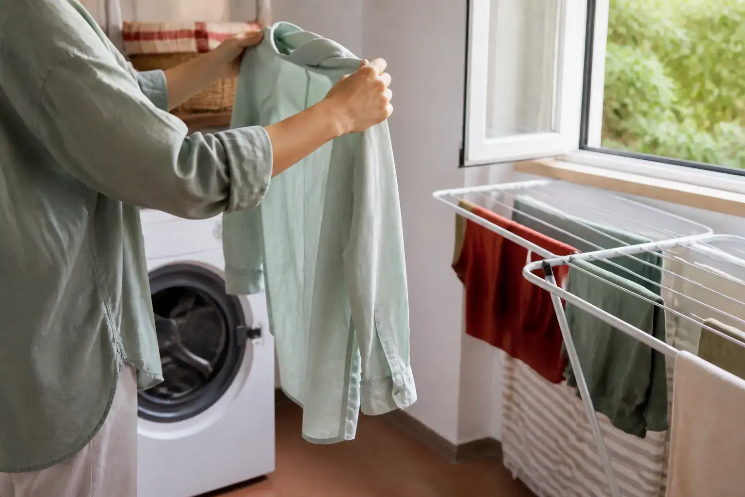 Personne examinant un vêtement sorti du lave-linge devant un étendoir dans une pièce aérée