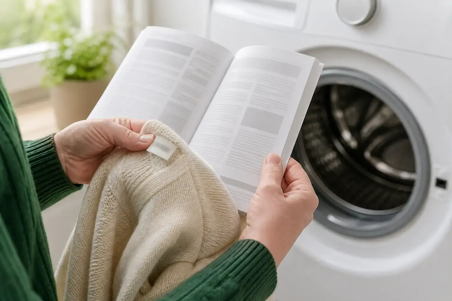 Main comparant l’étiquette d’un pull clair avec le tableau de programmes d’un lave-linge