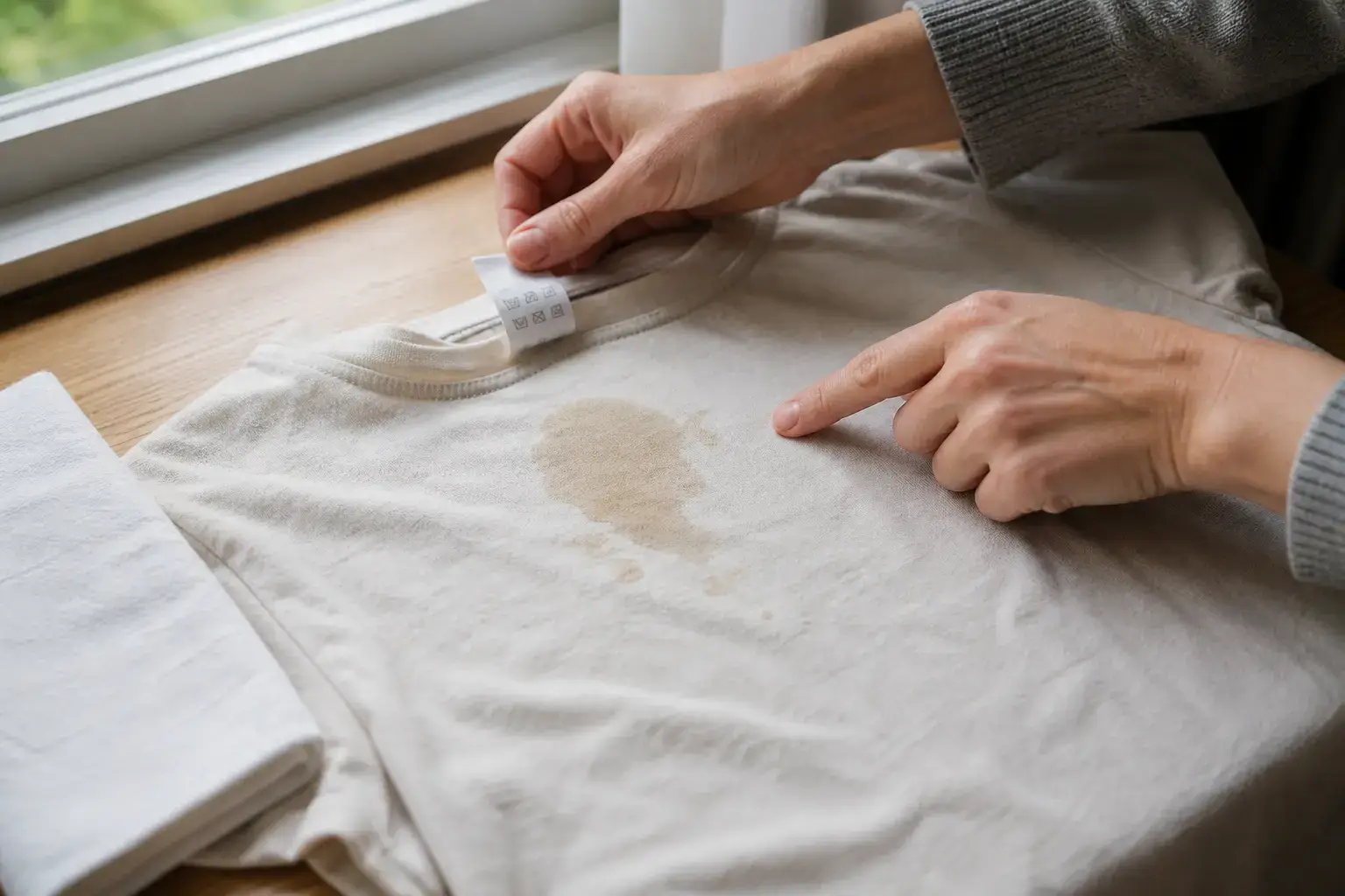 Mains observant une tache grasse sur une chemise claire posée à plat près de son étiquette